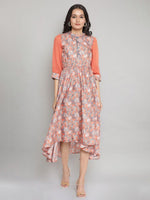 Thumbnail for AURELIA Peach-Coloured & Blue Floral Printed Asymmetric Midi Fit & Flare Dress