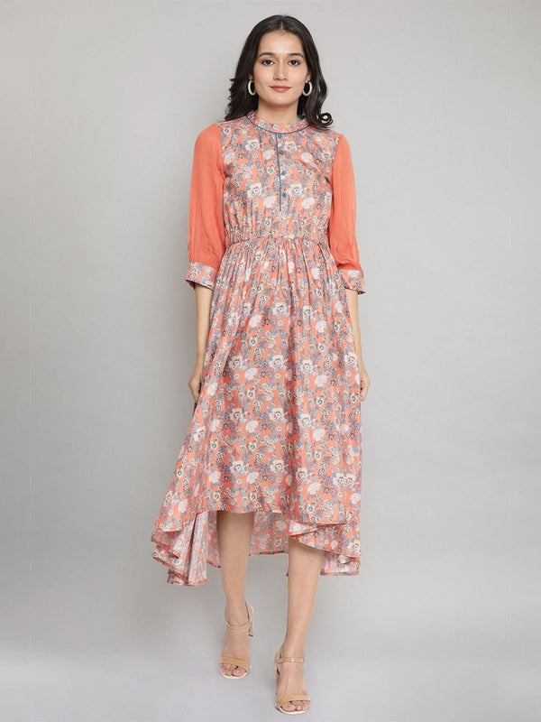 AURELIA Peach-Coloured & Blue Floral Printed Asymmetric Midi Fit & Flare Dress