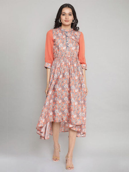AURELIA Peach-Coloured & Blue Floral Printed Asymmetric Midi Fit & Flare Dress