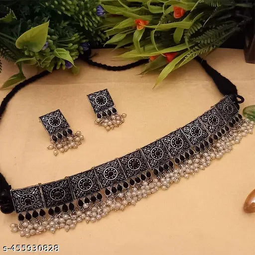 Tehzeeb Creations Women's Silver Colour Oxidised Necklace With Black Pearl - Distacart