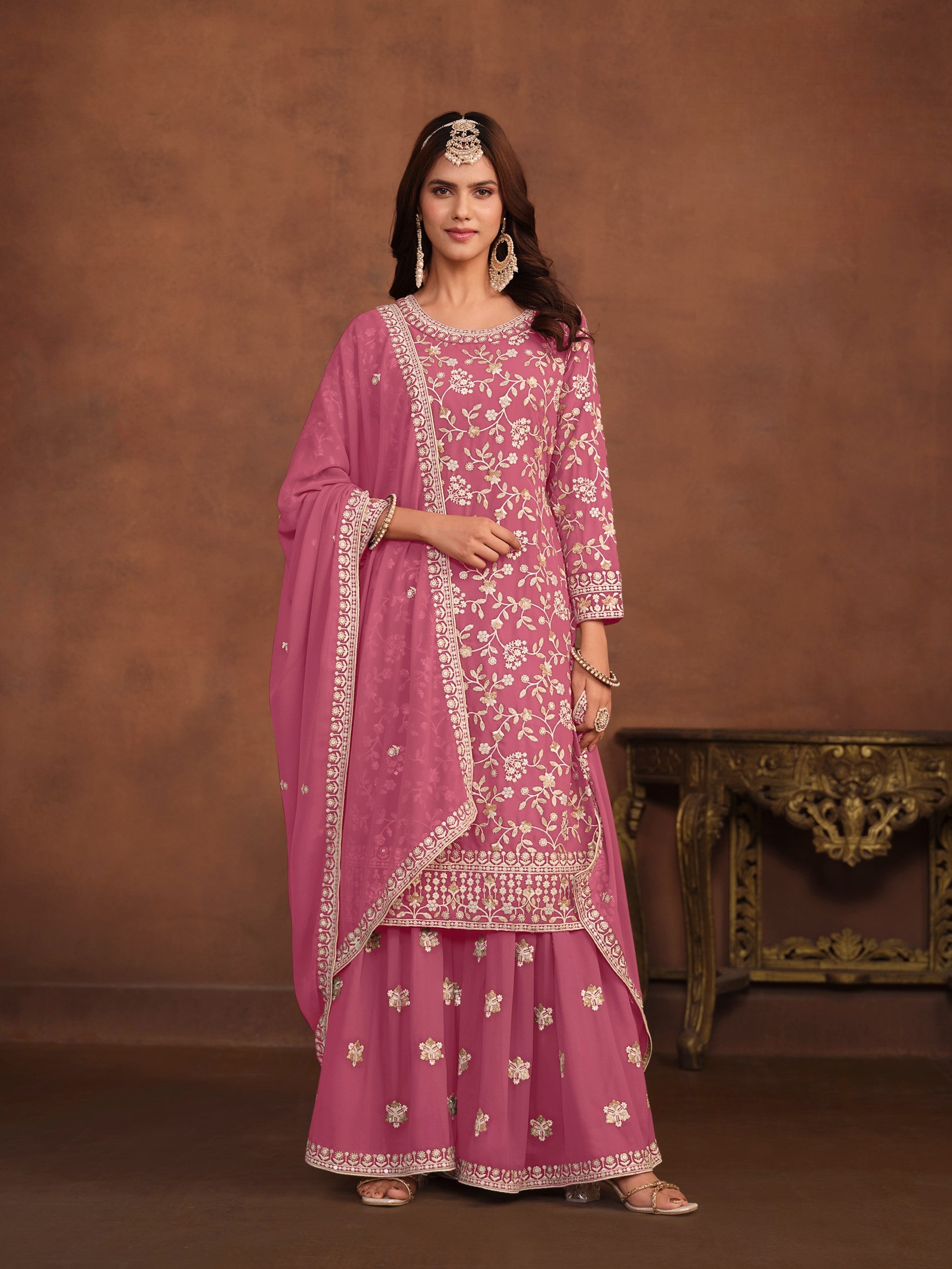 Anaita Pink Embroidered Faux Georgette Salwar Suit - Distacart