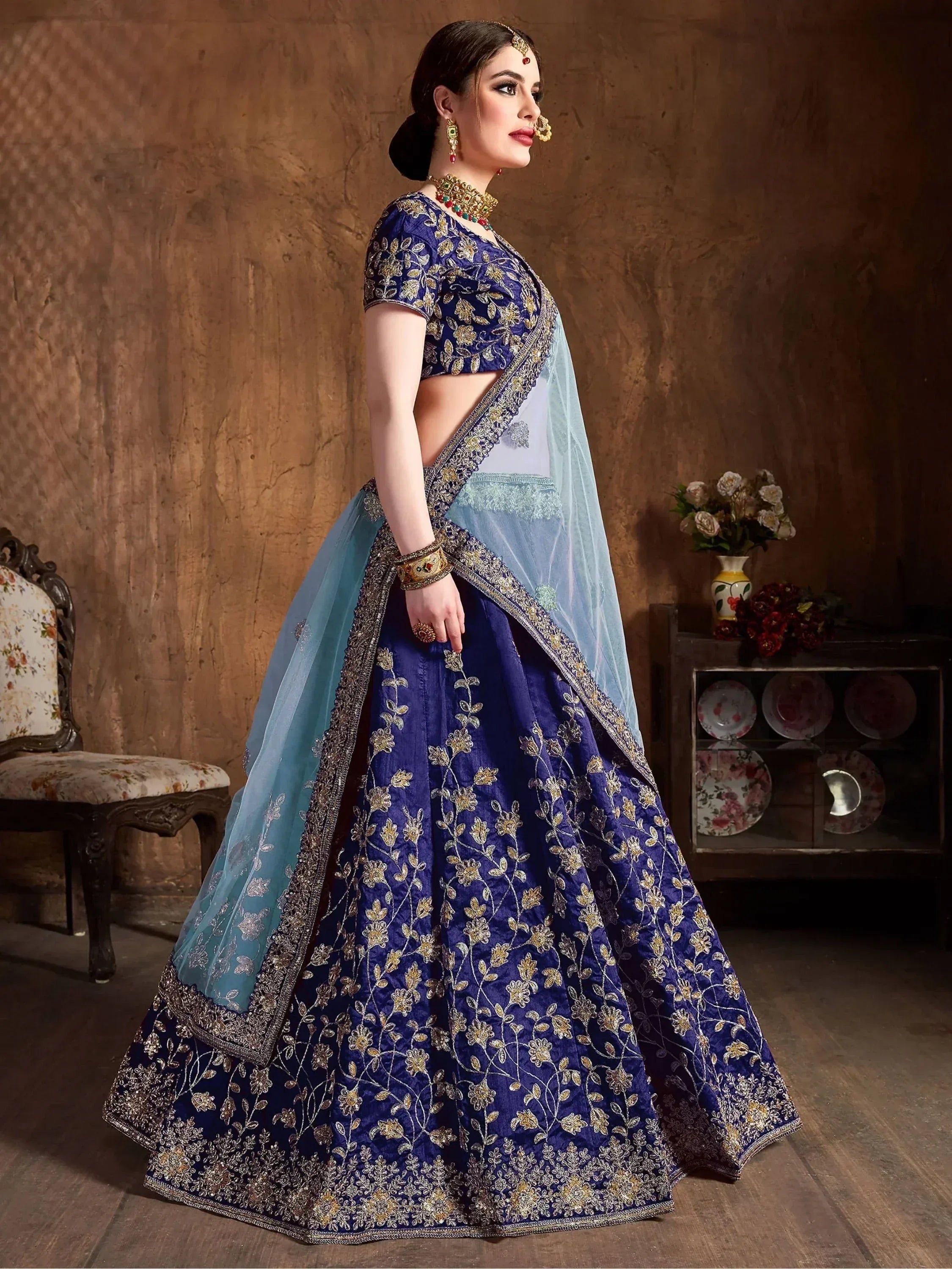 Tulsi Art Navy Blue Sequins Raw Silk Bridal Lehenga Choli With Sky Blue Dupatta - Dista