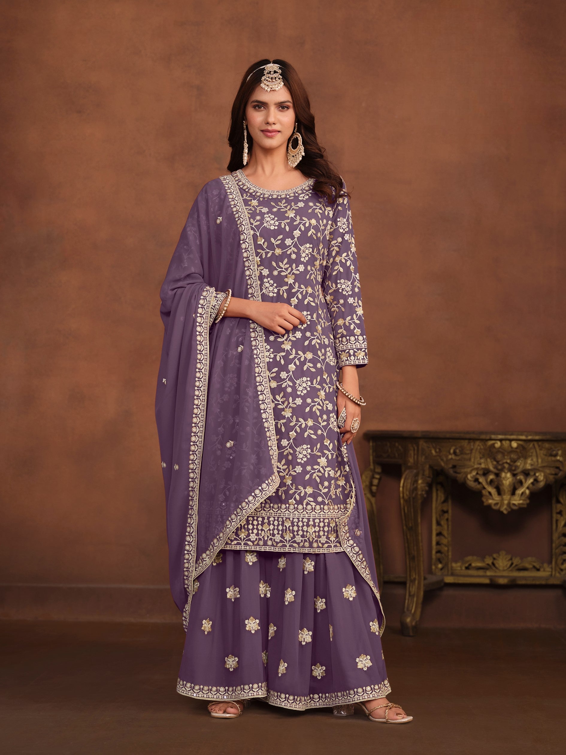 Anaita Lavender Embroidered Faux Georgette Salwar Suit - Distacart