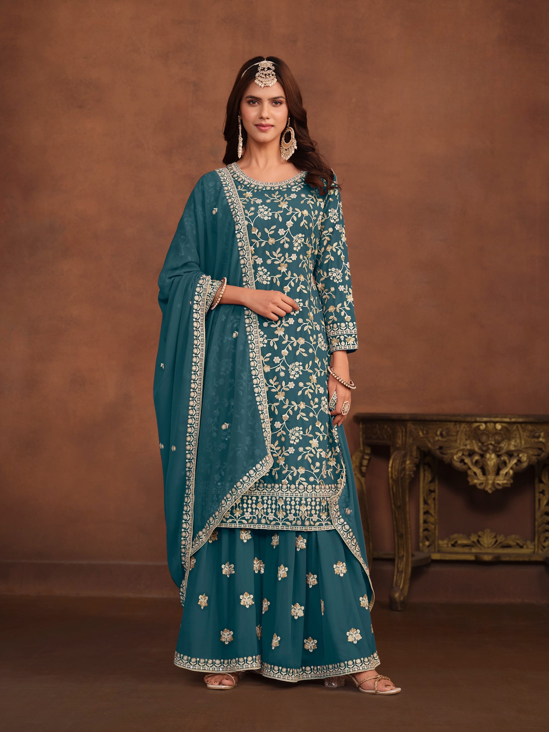 Anaita Teal Embroidered Faux Georgette Salwar Suit - Distacart