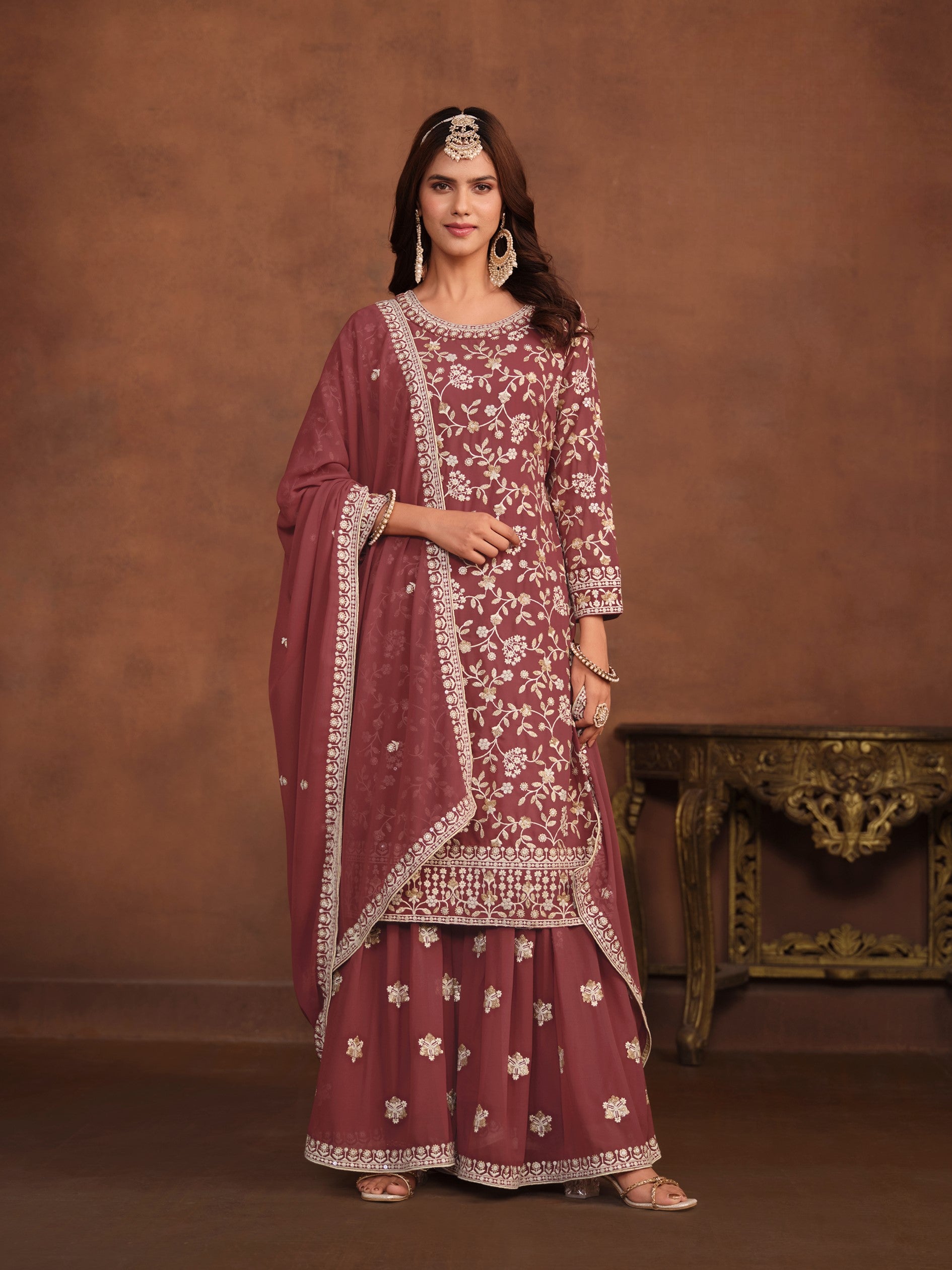 Anaita Brown Embroidered Faux Georgette Salwar Suit - Distacart