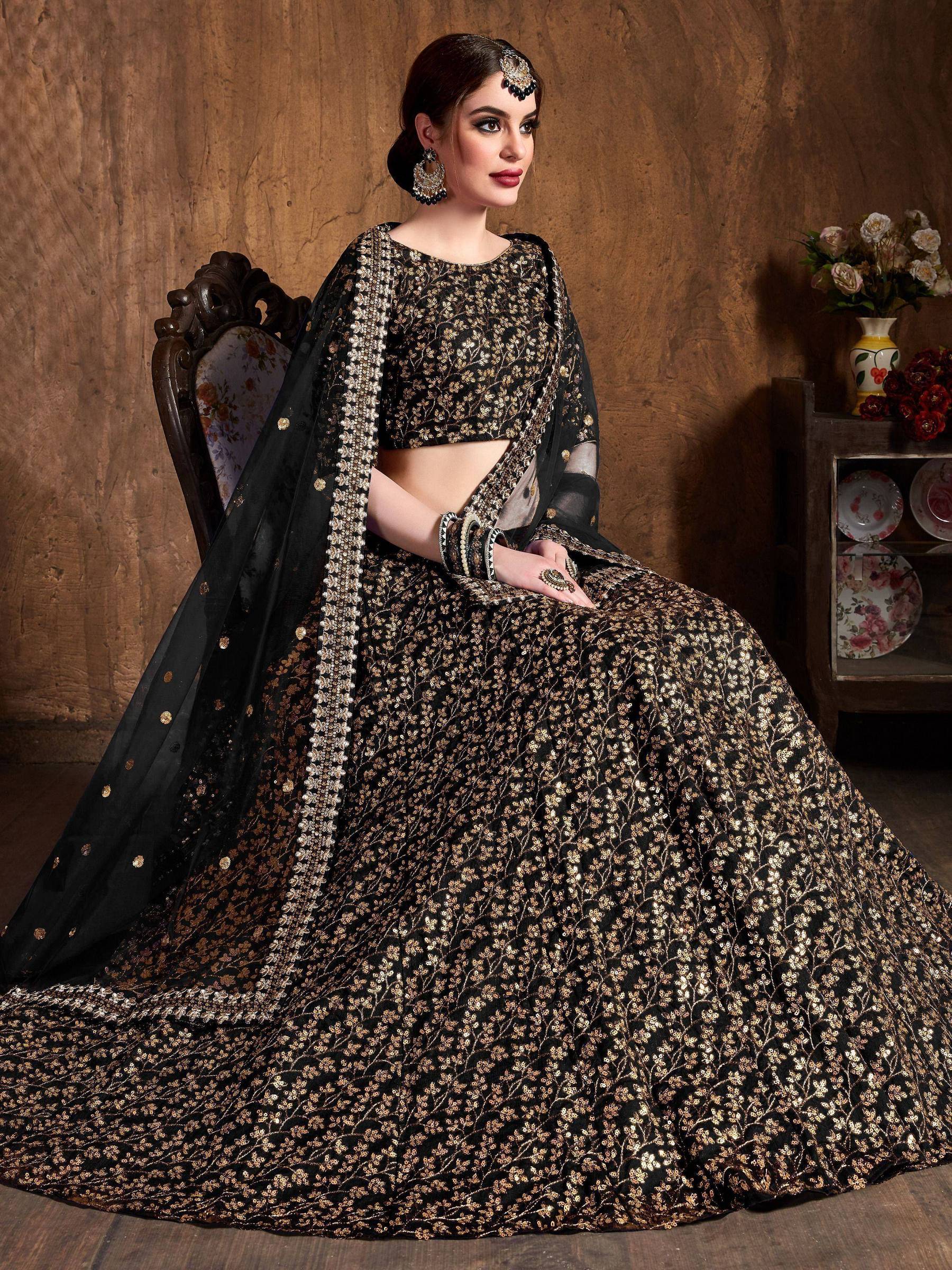 Tulsi Art Black Zari Embroidery Raw Silk Wedding Lehenga Choli With Dupatta - Dista