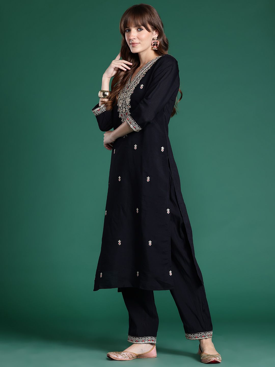 Indo Era Ethnic Motifs Embroidered Sequinned Kurta With Trousers & Dupatta