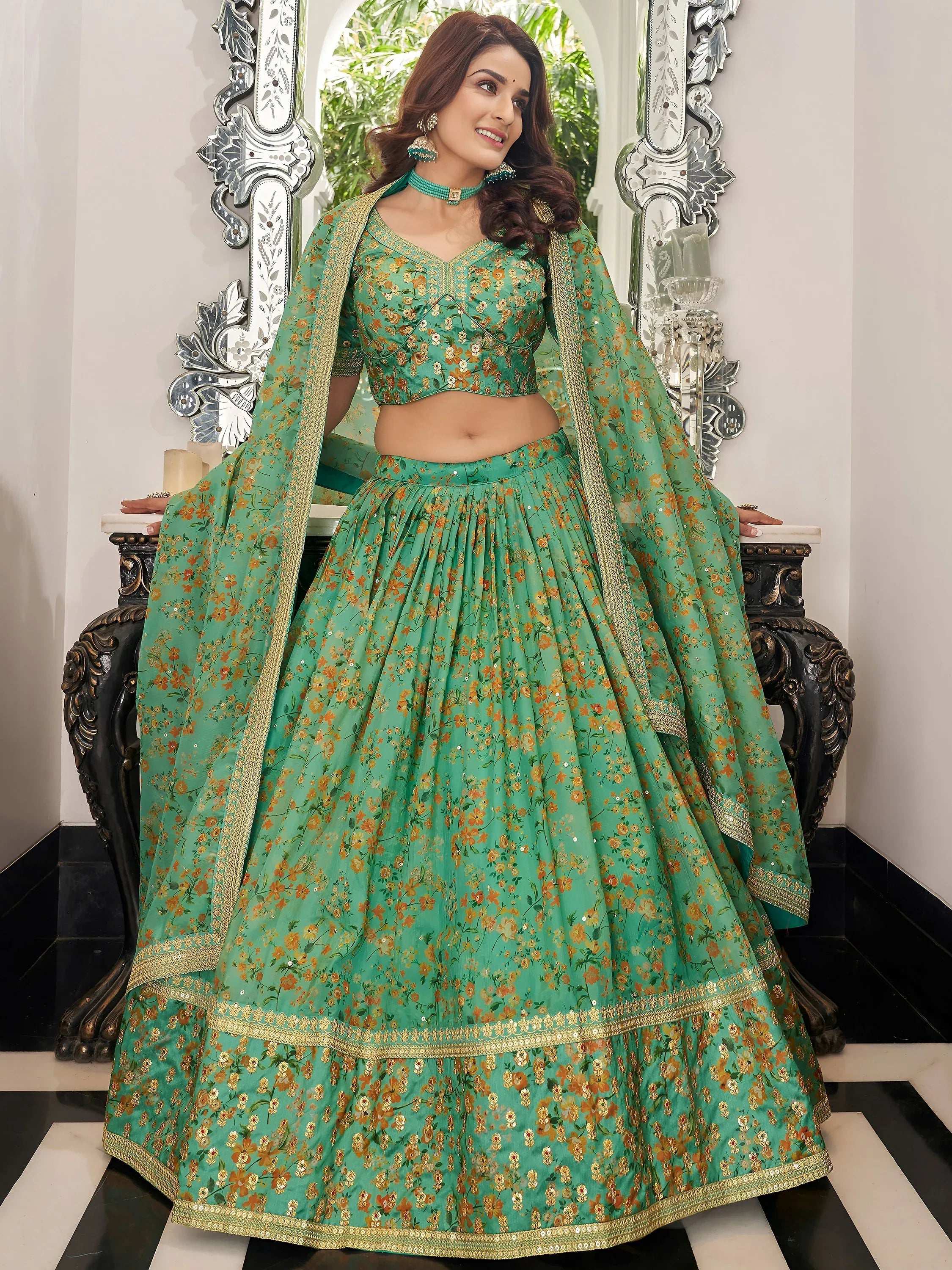 Tulsi Art Mesmerizing Green Floral Printed Organza Mehendi Wear Lehenga Choli - Dista