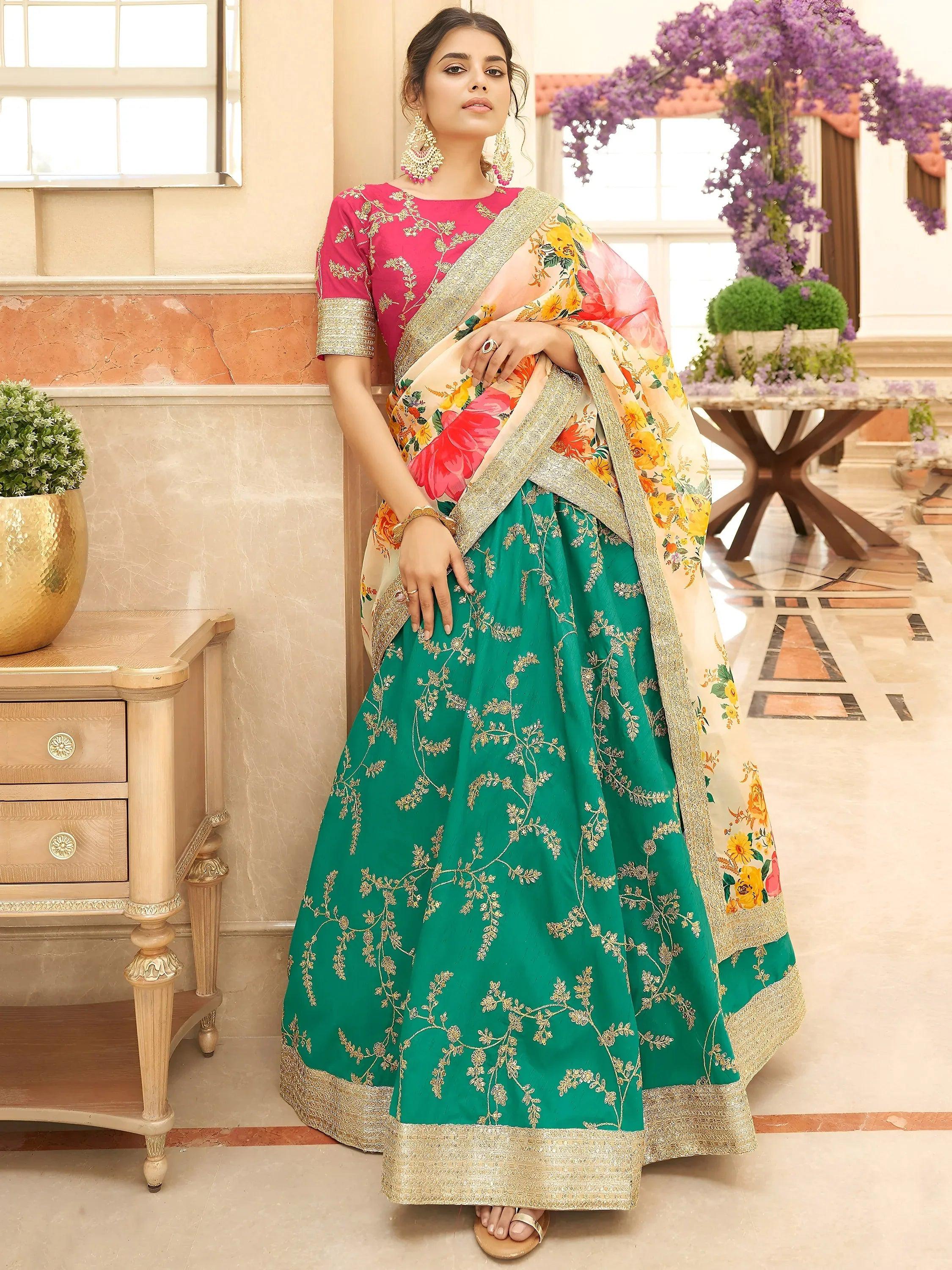 Tulsi Art Enthralling Green Sequins Work Art Silk Sangeet Wear Lehenga Choli - Dista