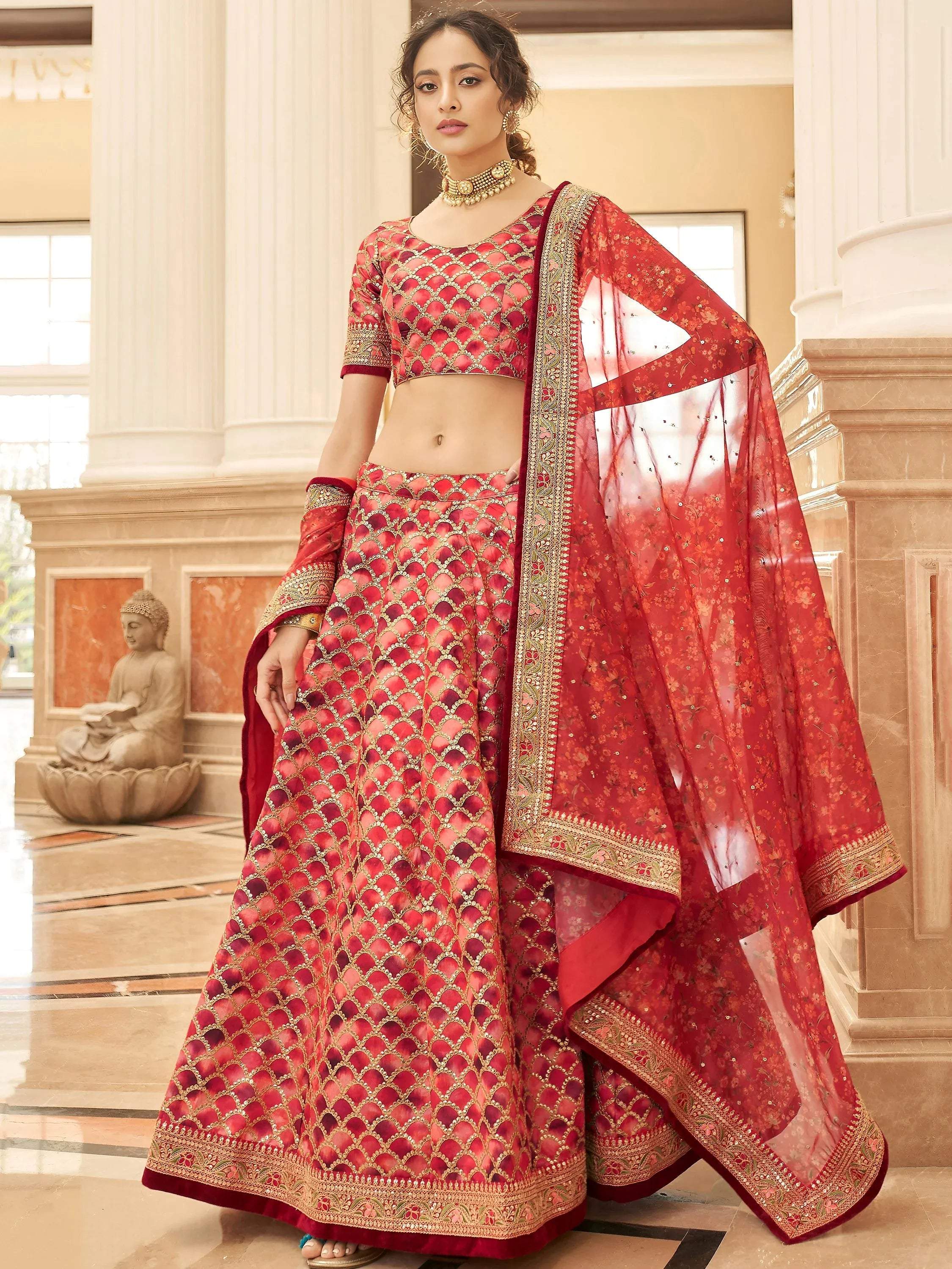 Tulsi Art Astonishing Red Embroidered Art Silk Bridesmaid Lehenga Choli - Dista