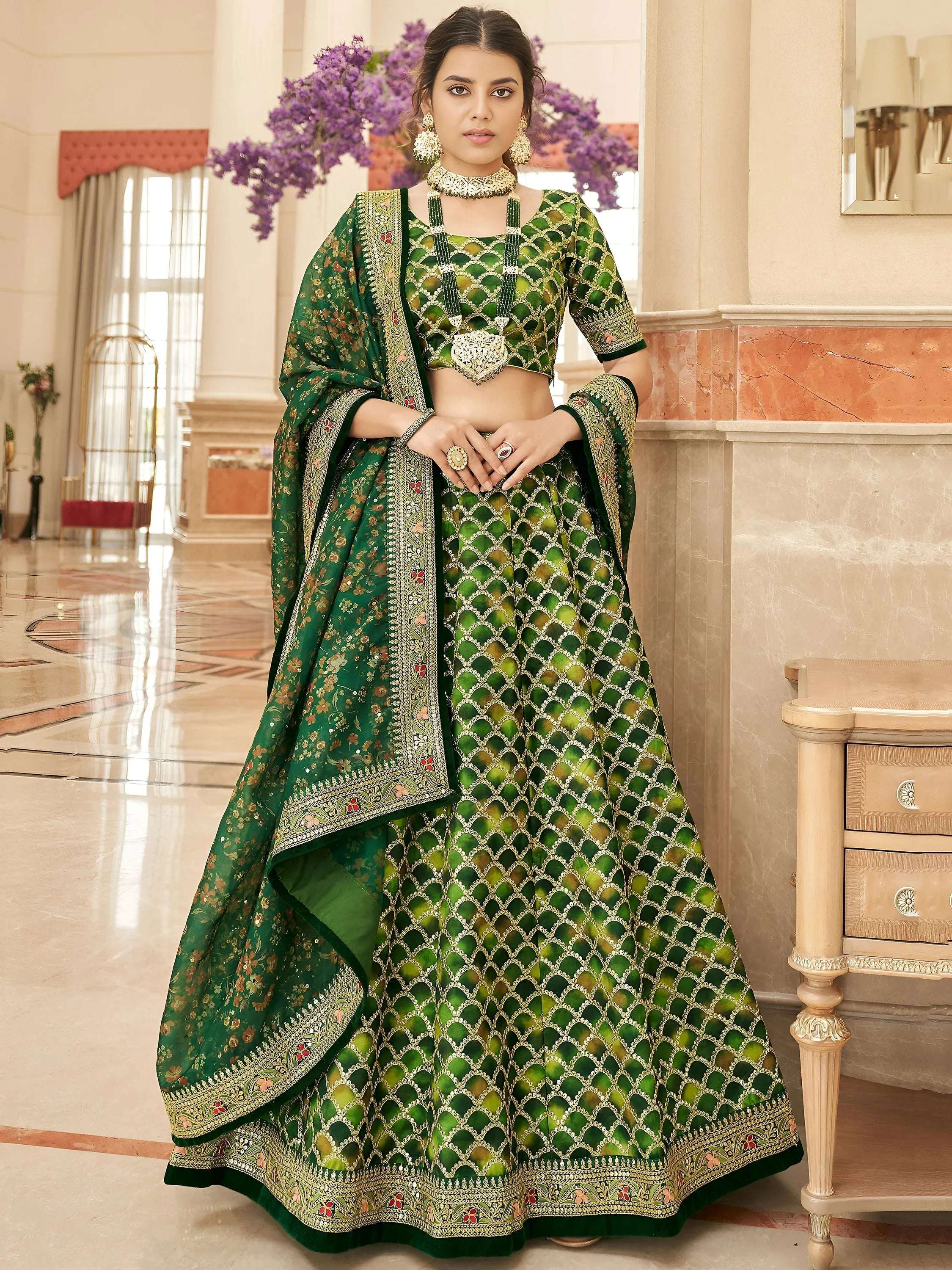 Tulsi Art Marvelous Green Embroidered Art Silk Engagement Wear Lehenga Choli - Dista