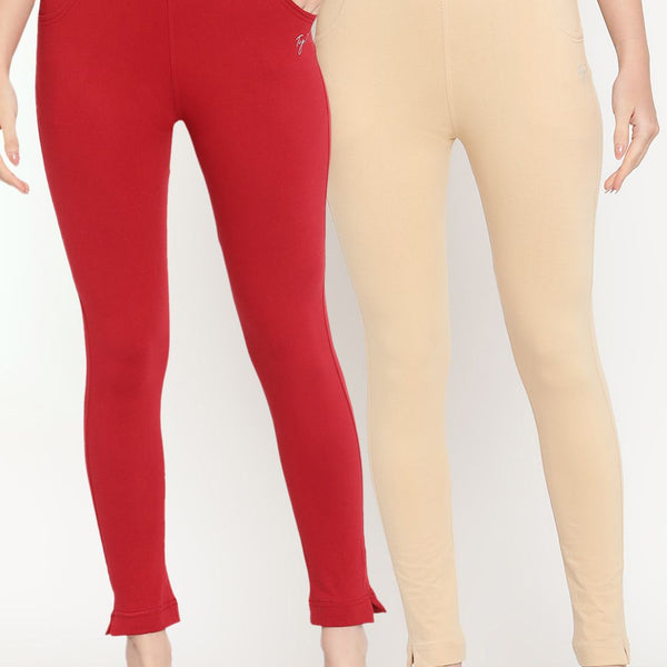 TAG 7 Women Set Of 2 Solid Beige & Red Leggings - Distacart