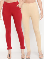 Thumbnail for TAG 7 Women Set Of 2 Solid Beige & Red Leggings - Distacart