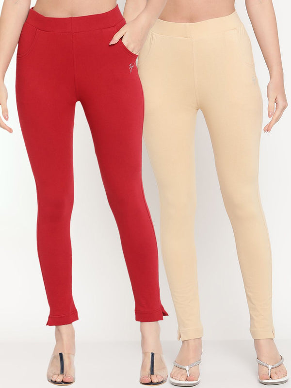 TAG 7 Women Set Of 2 Solid Beige & Red Leggings - Distacart