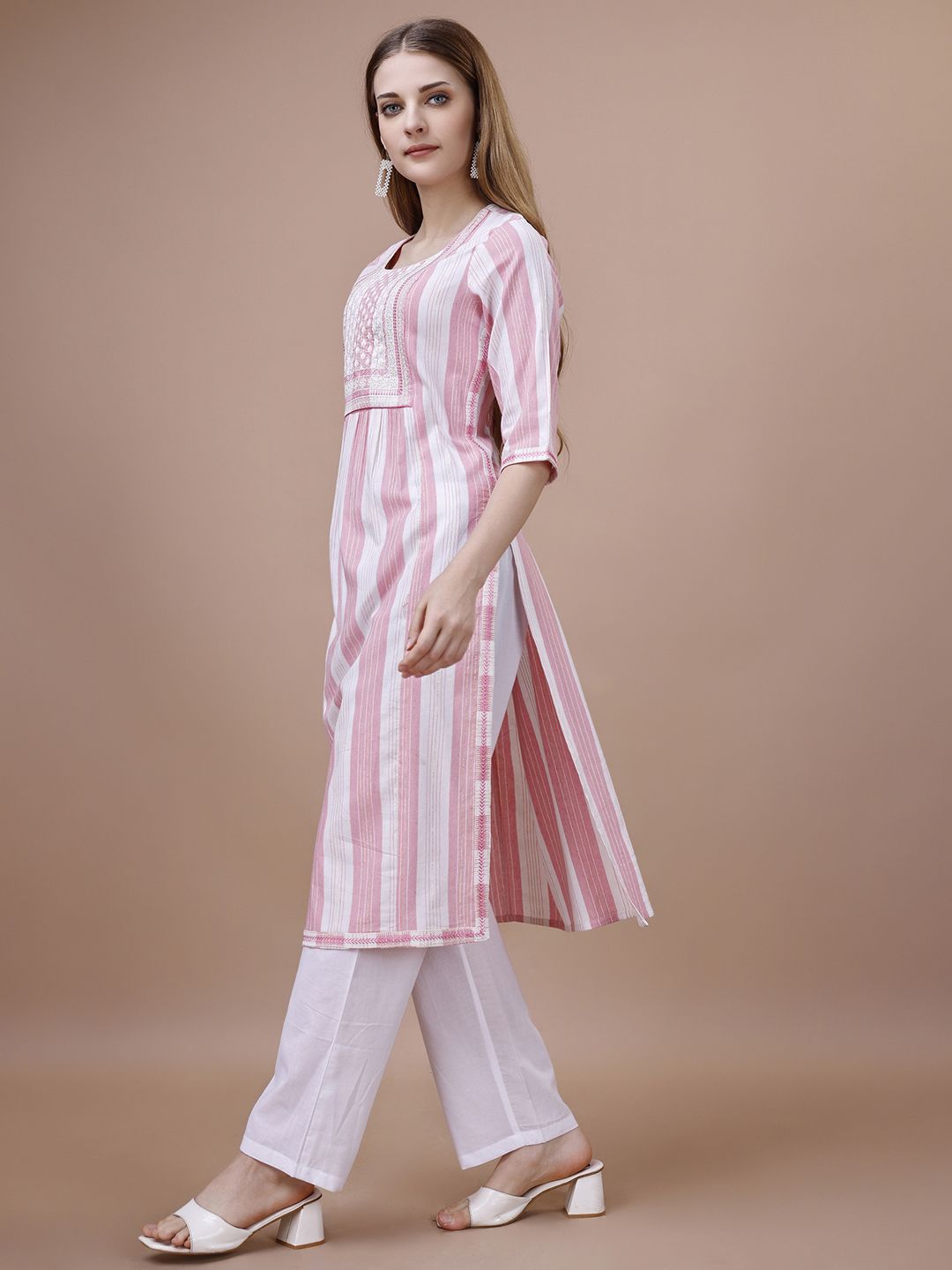 Ode by House of Pataudi Pink Ethnic Motifs Striped Kurta - Distacart