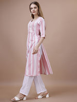 Thumbnail for Ode by House of Pataudi Pink Ethnic Motifs Striped Kurta - Distacart