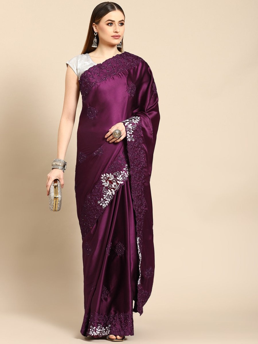 Anouk Burgundy & White Floral Embroidered Satin Saree - Distacart