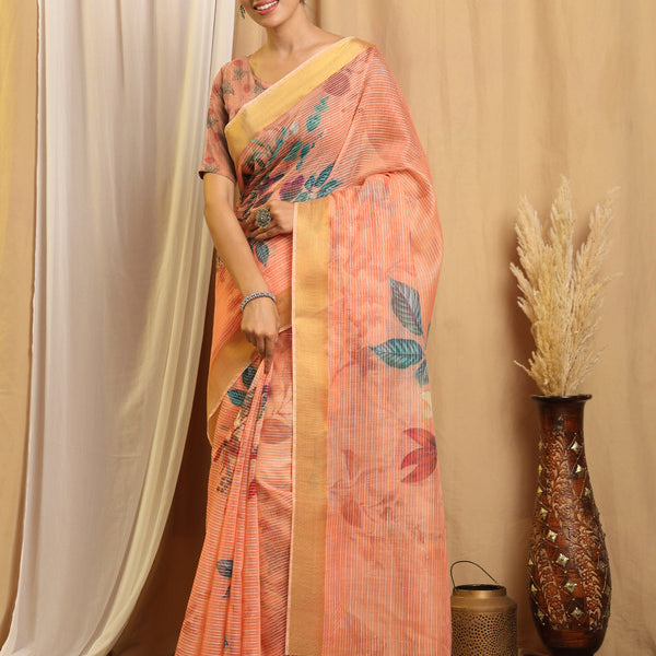 Shivam Fabrics Pink Chanderi Fabric Printed Saree