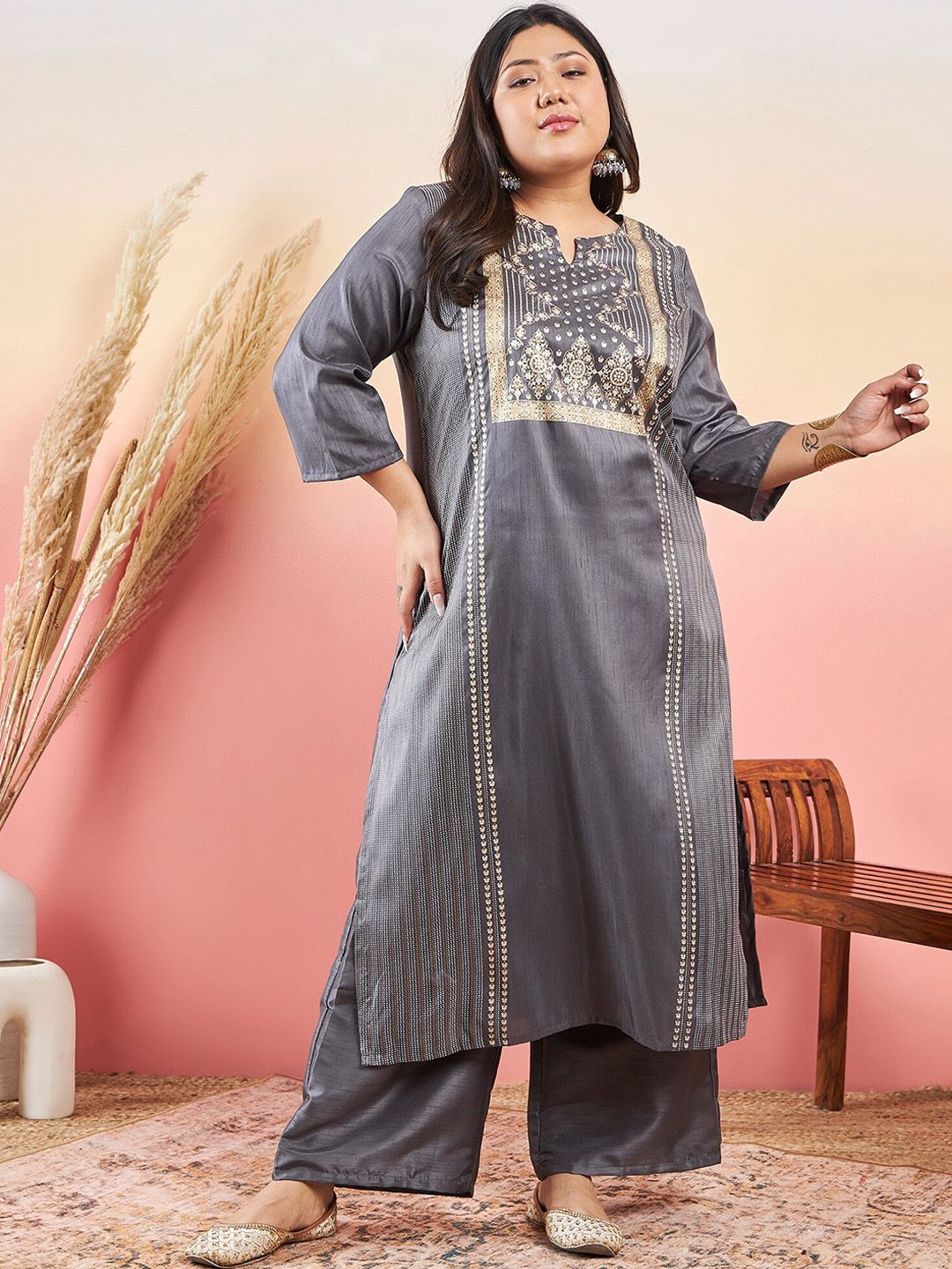 Sztori Ethnic Motifs Printed Notched Neck Straight Kurta With Palazzo - Distacart