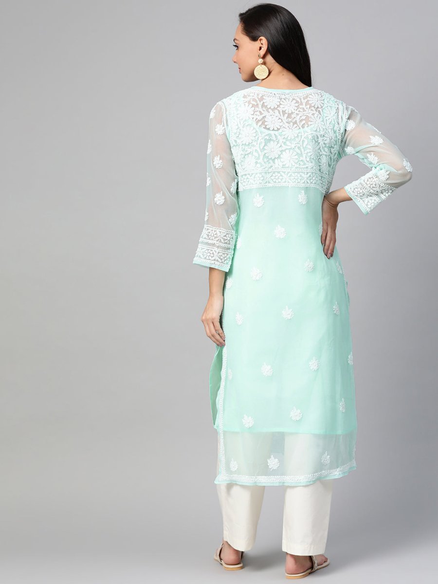 ADA Women Sea Green & White Chikankari Hand Embroidered Straight Sustainable Handloom Kurta - Distacart