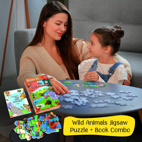 Advit toys Wild Animals Jigsaw Puzzle Game for Kids Age 3 to 5 Years | Educational Puzzle Game to Improve Focus, Memory & Learning Skills (24 Pieces + Book) - Dista