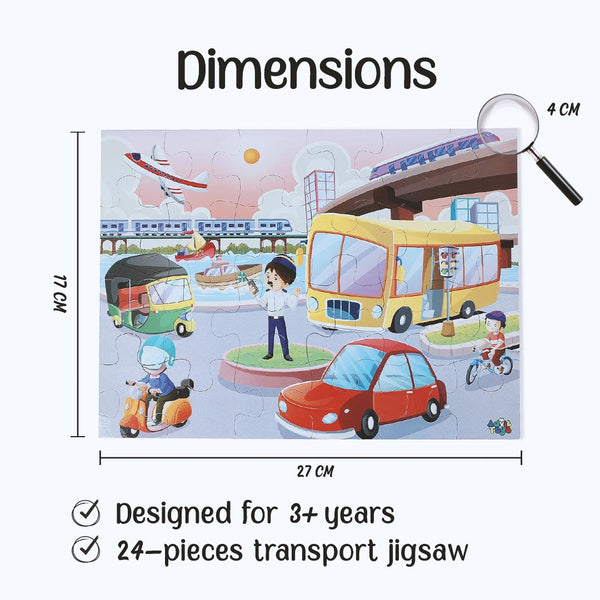 Advit Toys Educational Transport Jigsaw Puzzles for Kids Age 5+ Years in Multicolour | Transport Learning Puzzle for Kids (24 Pieces + Book Inside) - Dista