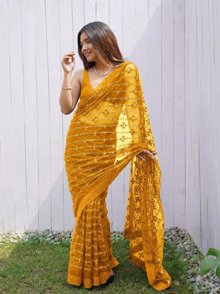 Anouk Mustard Embellished Sequinned Net Saree - Distacart