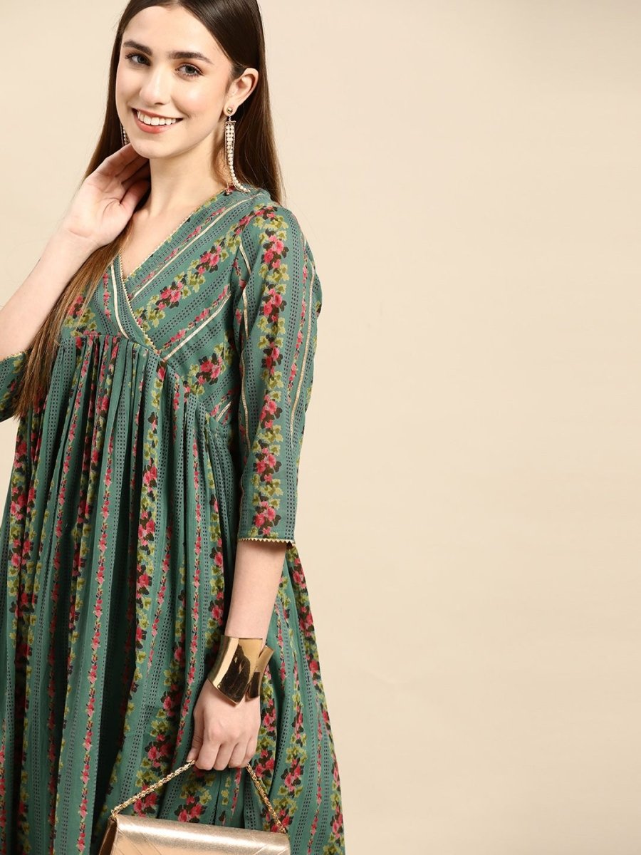 Anouk Women Green & Pink Pure Cotton Floral Printed Gotta Patti Floral Kurta - Distacart