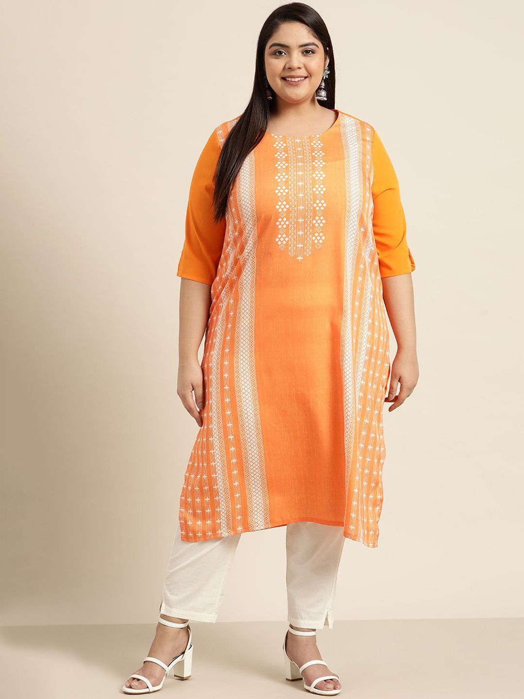Sztori Plus Size Geometric Printed Round Neck Straight Kurta - Distacart