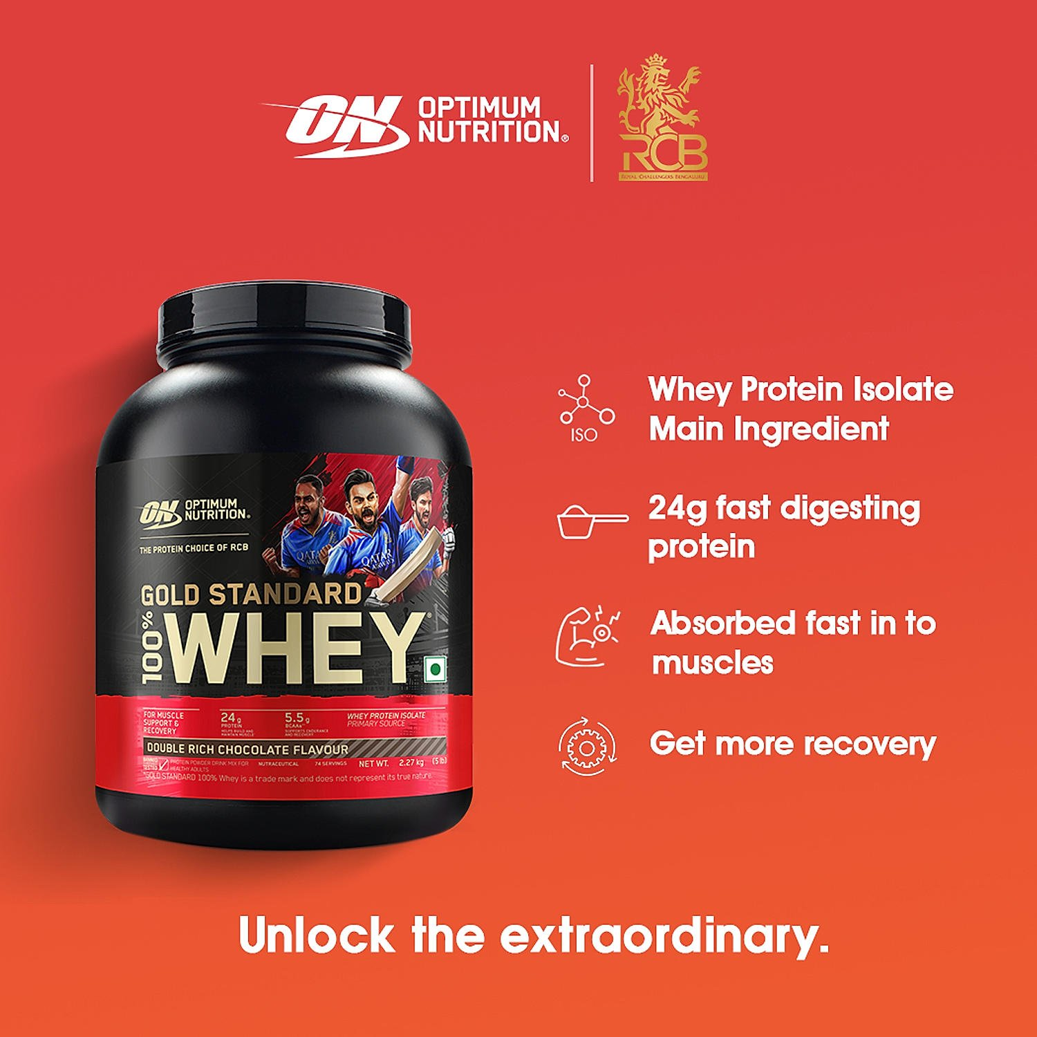Optimum Nutrition Gold Standard 100% Whey Protein Powder (Double Rich Chocolate) 2.27kg & Micronised Creatine Powder (Unflavoured) 250gm