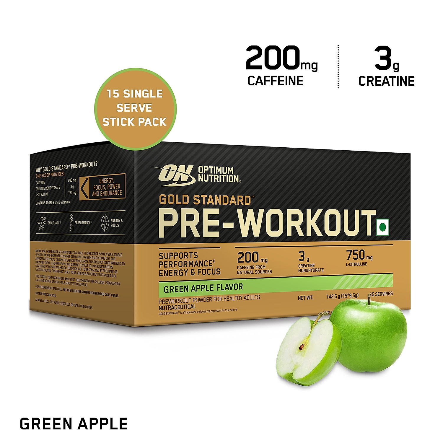 Optimum Nutrition (ON) Gold Standard Pre-Workout- 142.5g/15 packs (Green Apple Flavor) & Gold Standard 100% Whey Protein Powder (Double Rich Chocolate) 907gm