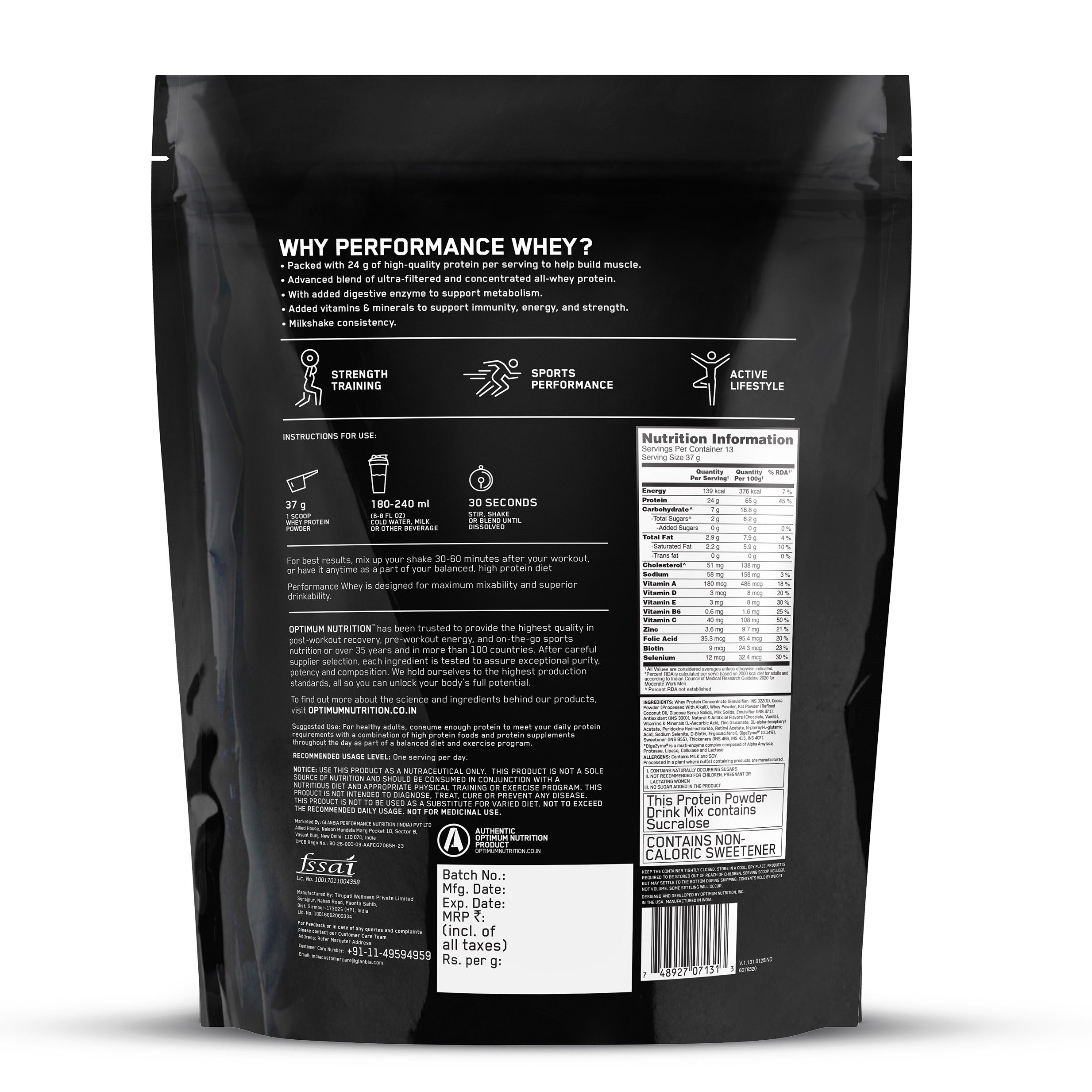 Optimum Nutrition Performance Whey Protein Powder (Chocolate Milkshake)-500 gm