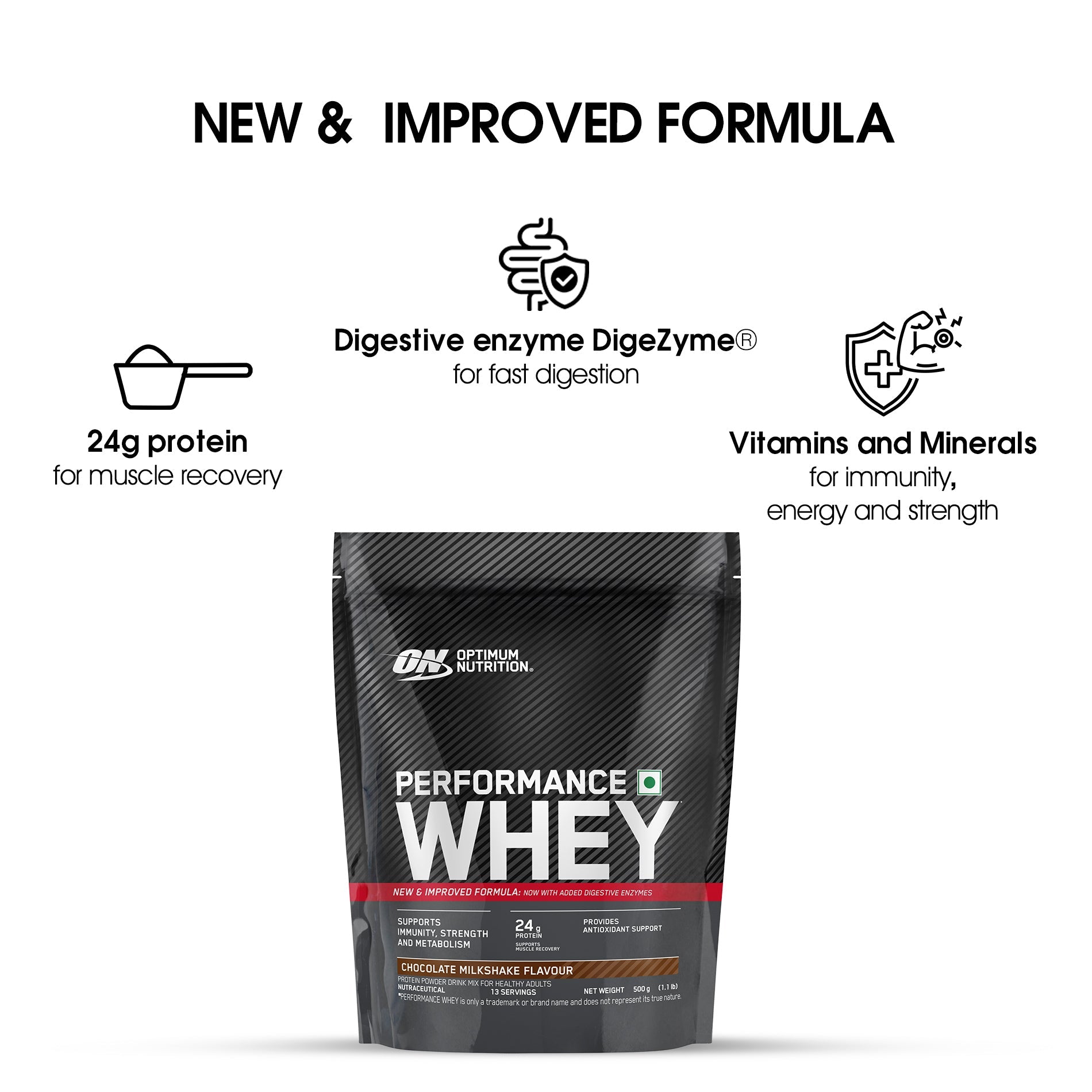 Optimum Nutrition Performance Whey Protein Powder (Chocolate Milkshake)-500 gm
