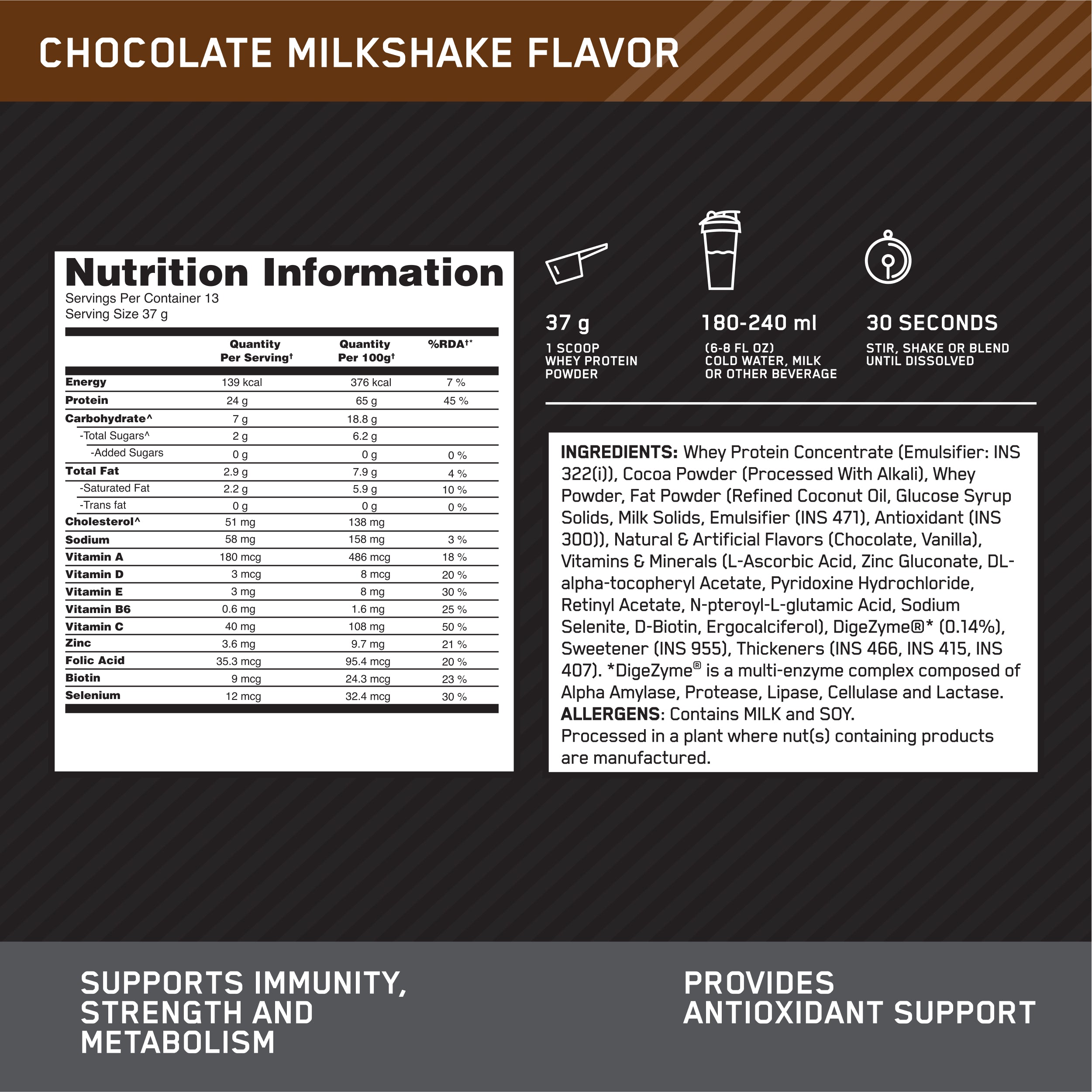 Optimum Nutrition Performance Whey Protein Powder (Chocolate Milkshake)-500 gm