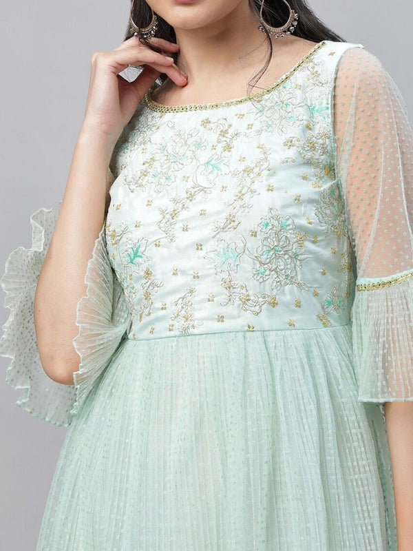 AURELIA Self Design Bell Sleeve Sequined Fit & Flare Maxi Ethnic Dress