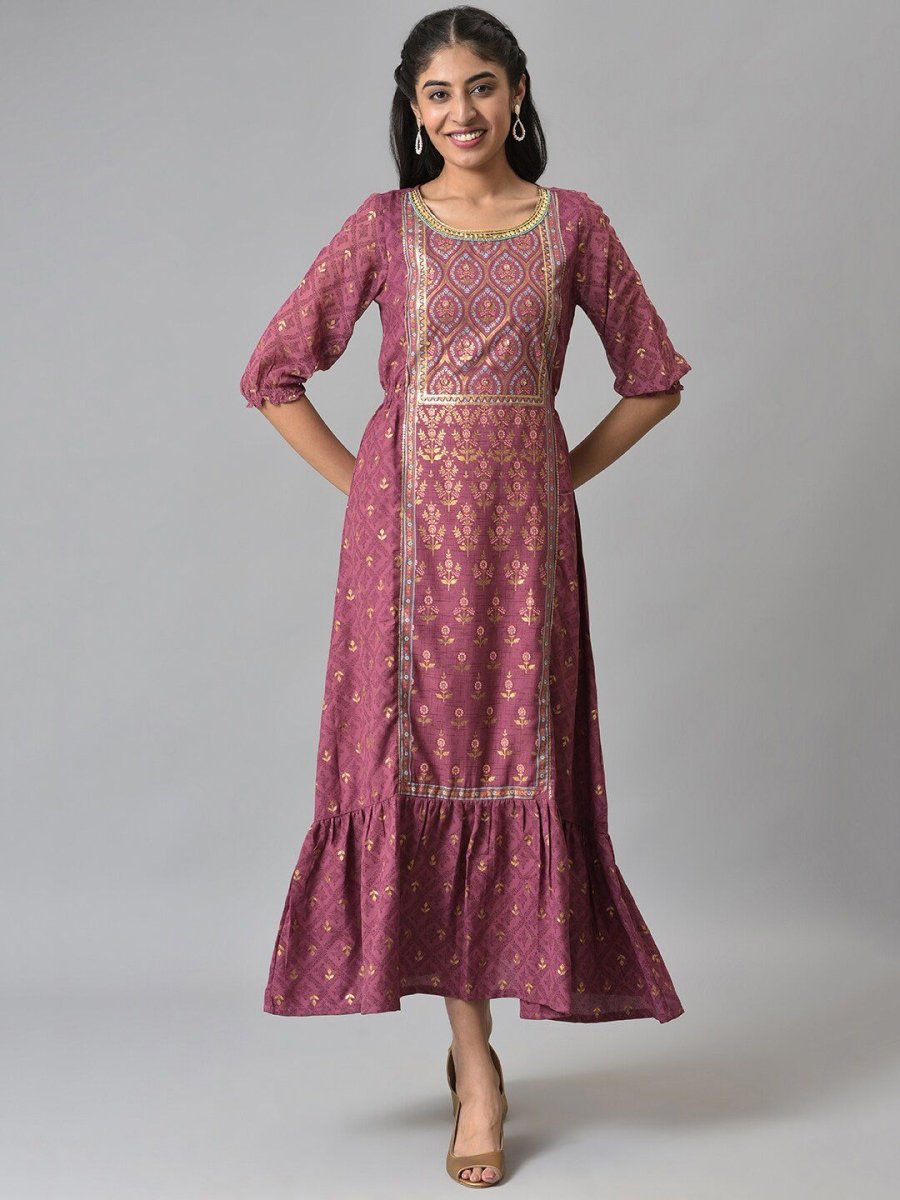 AURELIA Maroon Ethnic Motifs A-Line Maxi Dress - Distacart