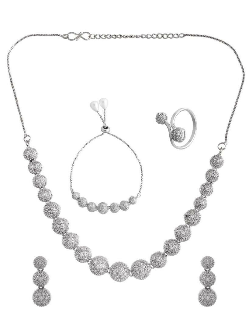 VOJ Silver Plated AD studded Necklace, Earrings With Ring And bracelet - Distacart
