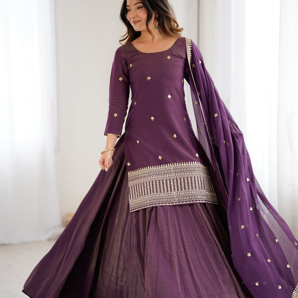 Lorenvalley Fashion Purple Roman Shimmer Chanderi Silk with Embroidery Jari Work Kurta Lehenga with Dupatta - Distacart