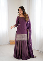 Thumbnail for Lorenvalley Fashion Purple Roman Shimmer Chanderi Silk with Embroidery Jari Work Kurta Lehenga with Dupatta - Distacart