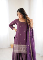 Thumbnail for Lorenvalley Fashion Purple Roman Shimmer Chanderi Silk with Embroidery Jari Work Kurta Lehenga with Dupatta - Distacart
