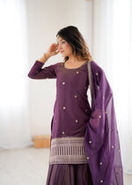 Thumbnail for Lorenvalley Fashion Purple Roman Shimmer Chanderi Silk with Embroidery Jari Work Kurta Lehenga with Dupatta - Distacart