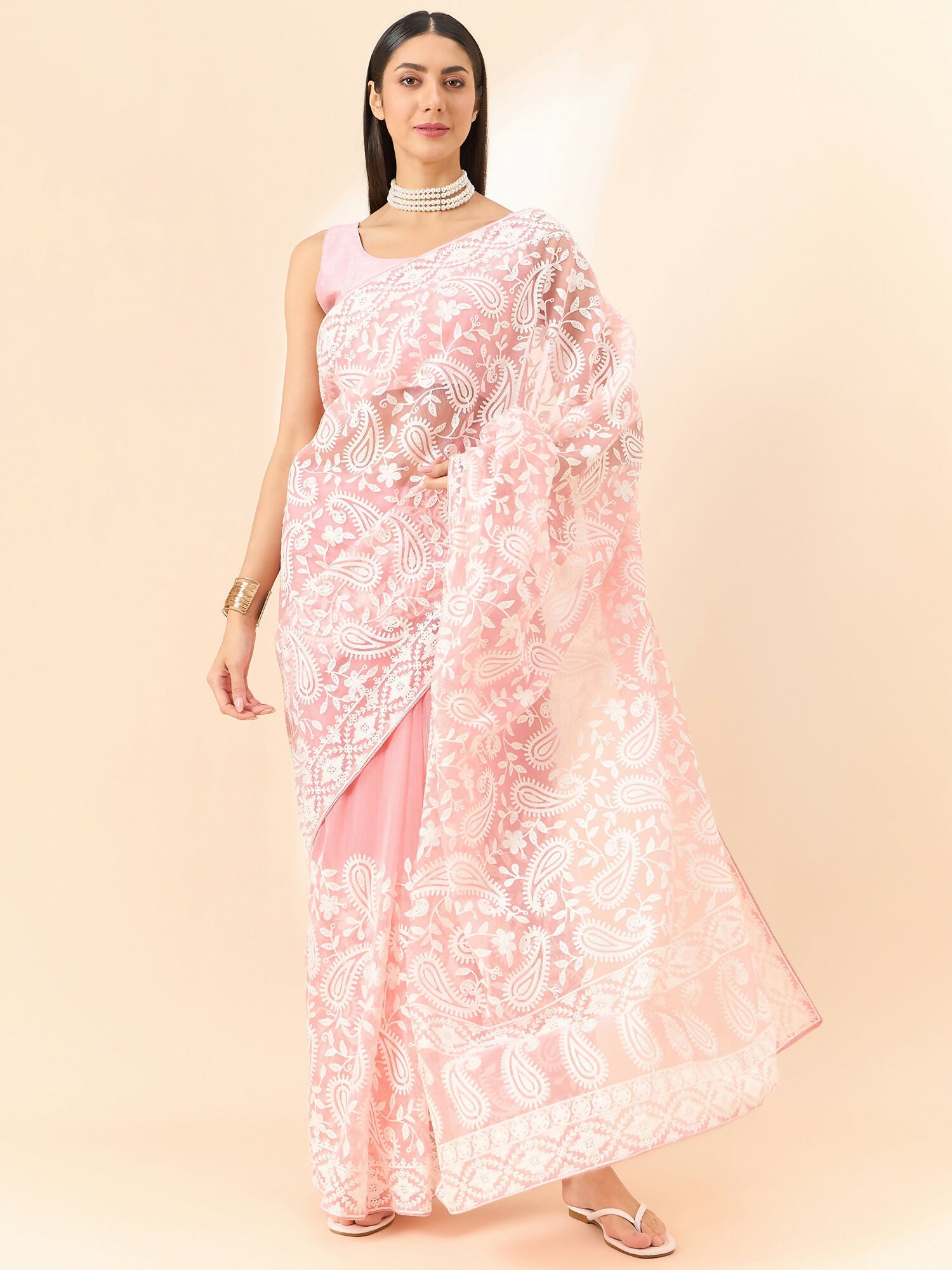 Pink Organza Paisely Embroidered Saree with Unstitched Blouse Piece - Roozal - Distacart