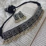 Thumbnail for Tehzeeb Creations Women's Silver Colour Oxidised Necklace With Black Pearl - Distacart