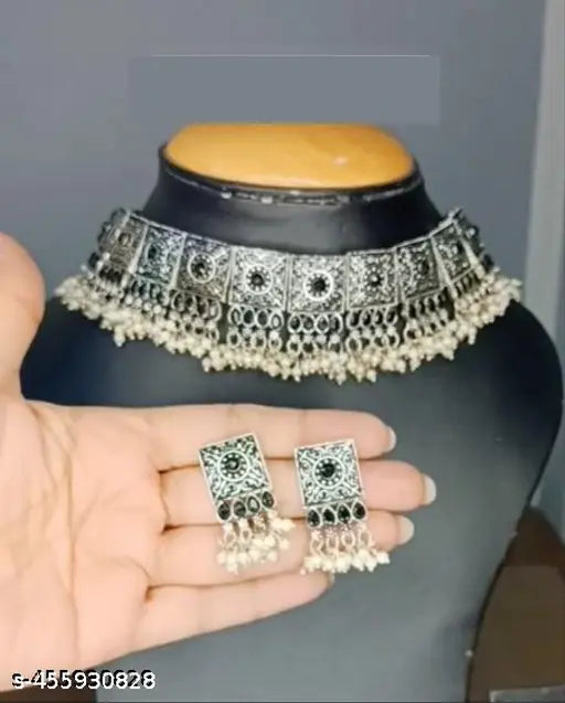 Tehzeeb Creations Women's Silver Colour Oxidised Necklace With Black Pearl - Distacart