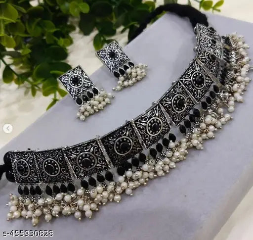 Tehzeeb Creations Women's Silver Colour Oxidised Necklace With Black Pearl - Distacart