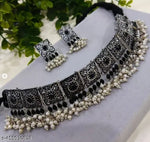 Thumbnail for Tehzeeb Creations Women's Silver Colour Oxidised Necklace With Black Pearl - Distacart