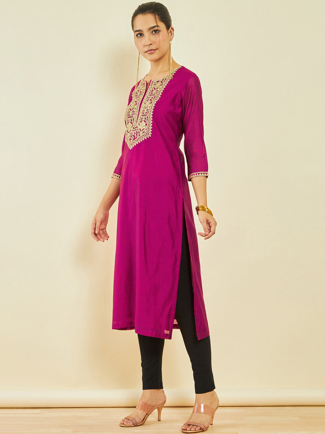 Soch Ethnic Motifs Yoke Design Notched Neck Thread Work Chanderi Silk Straight Kurta - Distacart