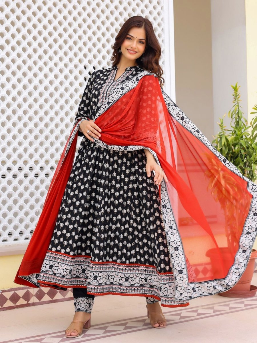 Anouk Black Ethnic Motifs Printed Mandarin Collar Anarkali Kurta With Trousers & Dupatta - Distacart