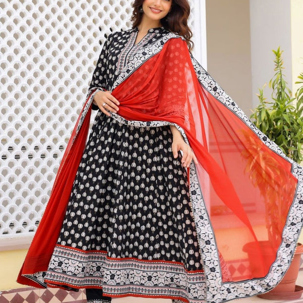 Anouk Black Ethnic Motifs Printed Mandarin Collar Anarkali Kurta With Trousers & Dupatta - Distacart