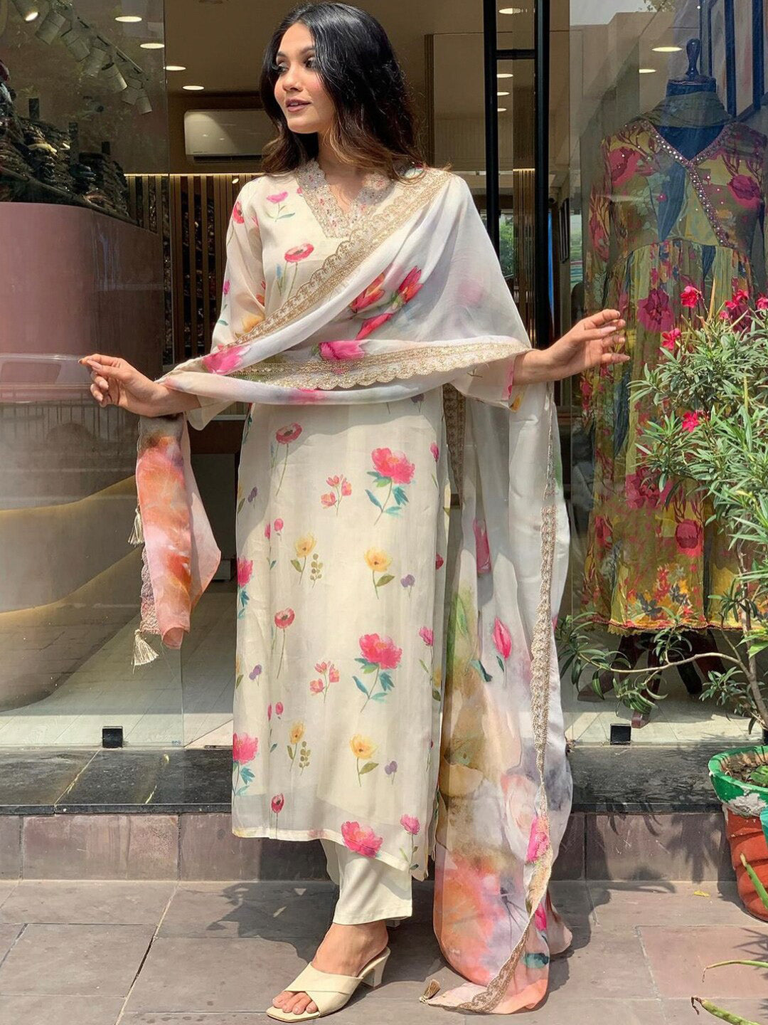 Kalini Floral Printed Sequinned Straight Kurta With Trouser & Dupatta - Distacart
